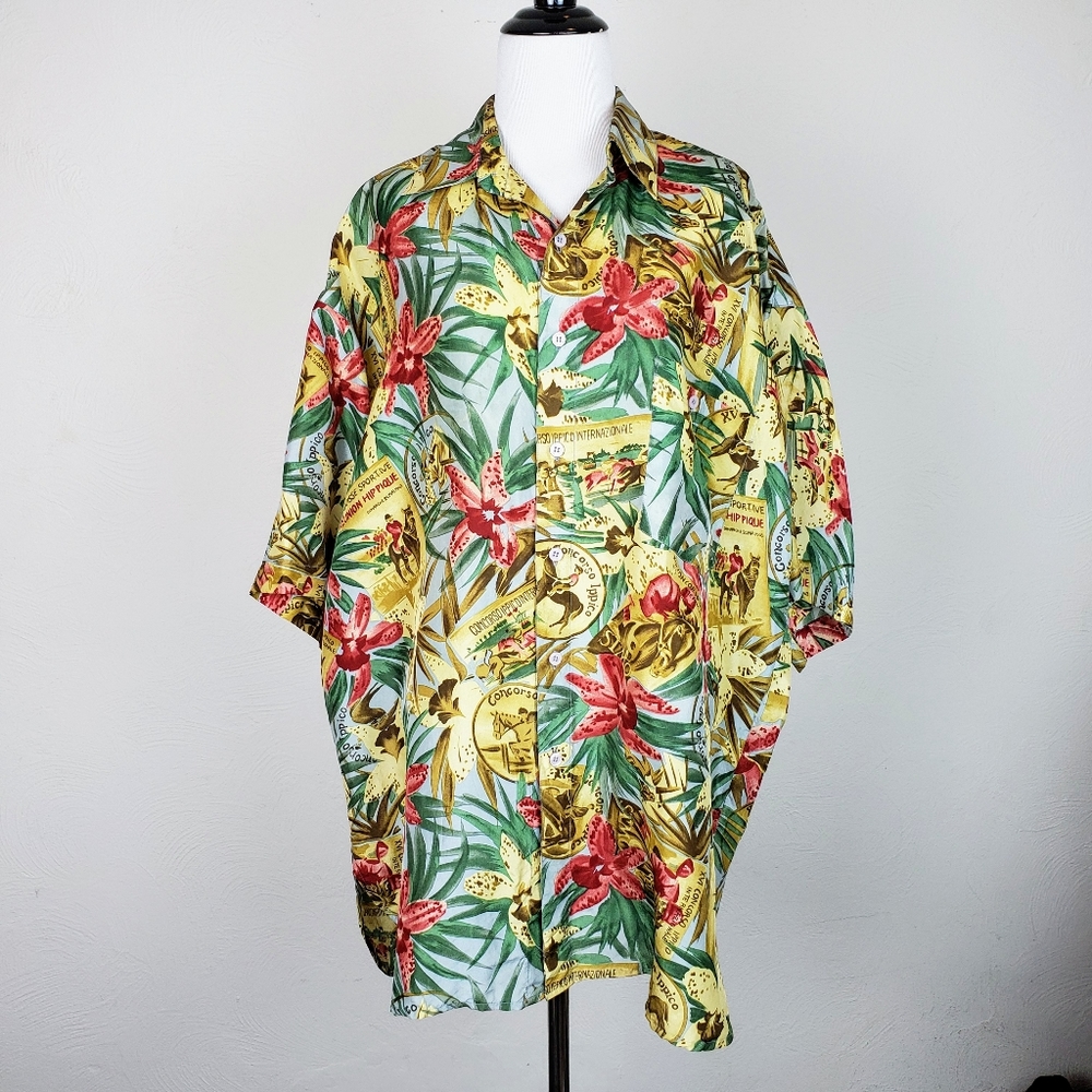 Vintage Hawaiian Shirt Silk Club Men Equestrian Vacation Resort Beach Summer